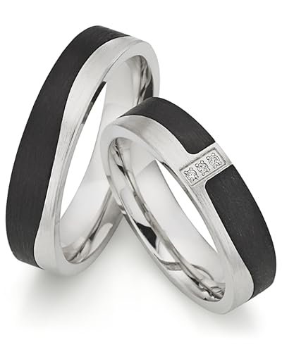 123traumringe Eheringe in 925 Silber & Carbon I Partnerringe mit 3 Brillanten & Etui I Gravierbare Eheringe mit Ringgröße 50-70 mm I Hochwertige Verlobungsringe in 5 mm Breite & 2 mm Stärke I P15 von 123traumringe