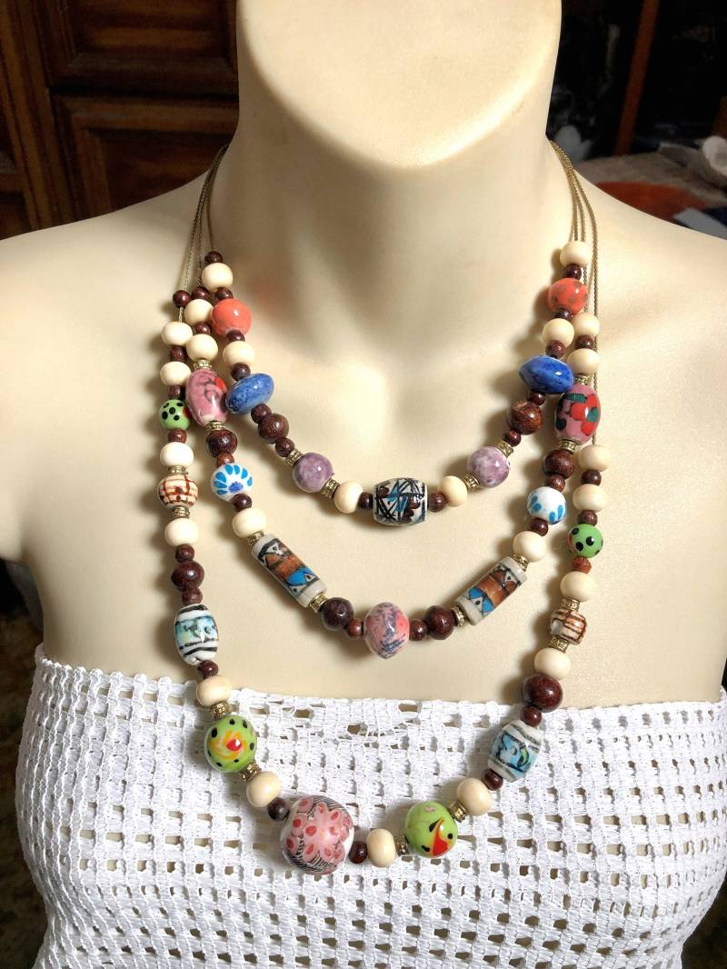 Vintage Boho Trade Bead Multi-strand Handgefertigte Handbemalte Perlenkette von 12Treasures12