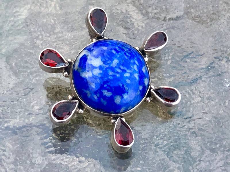Vintage Lapis Lazuli & Granat Sterling Silber Sonne Stern Anhänger - Groß - 14G Vintage Lapis Lazuli & Granat Sterling Silber Sonne Stern Anhänger - Groß - 14G von 12Treasures12