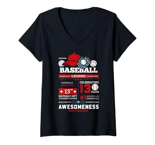 Damen 13 Jahre Alter Baseball Geburtstag Junge Idee T-Shirt mit V-Ausschnitt von 13Th Birthday 10 Year Old Baseball Gifts