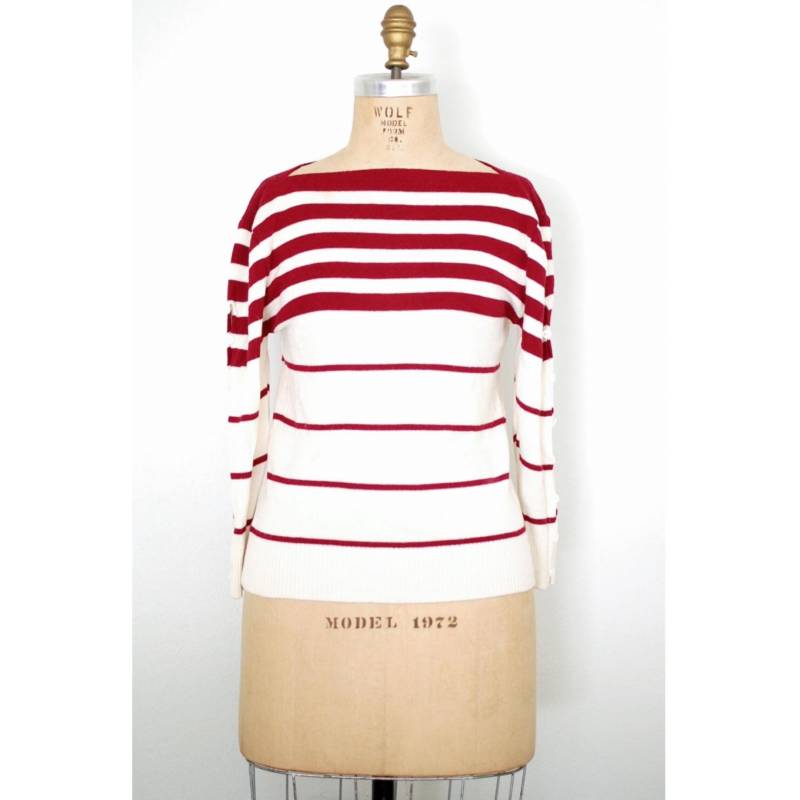 Vintage 70Er Jahre 1970Er Weiß Bordeaux Rot Gestreifter Sweater Mit Bootsausschnitt von 13bees