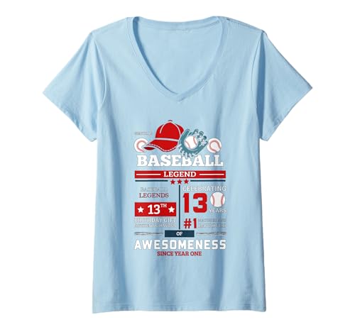 Damen 13 Jahre Alter Baseball Geburtstag Junge Idee T-Shirt mit V-Ausschnitt von 13th Birthday 10 Year Old Baseball Gifts