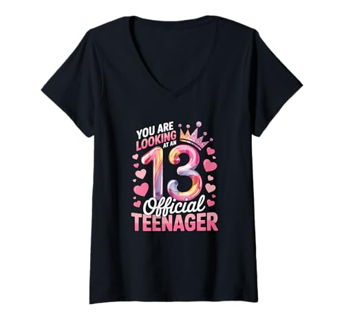 Damen Mädchen, du schaust dir einen offiziellen 13. Geburtstag eines Teenagers an T-Shirt mit V-Ausschnitt Damen Mädchen, du schaust dir einen offiziellen 13. Geburtstag eines Teenagers an T-Shirt mit V-Ausschnitt von 13th Birthday Teenager Birthday Official Teen