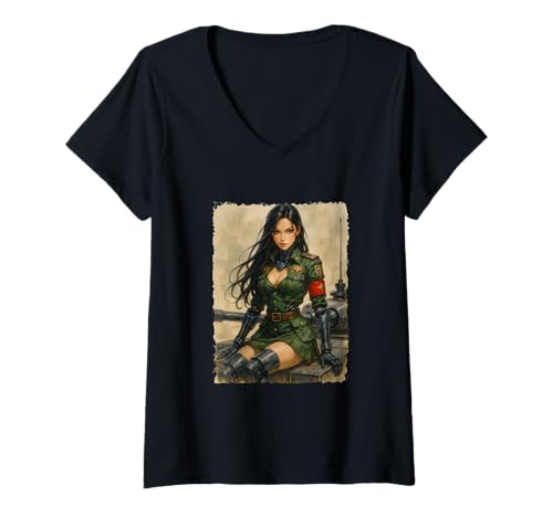 Damen Cyborg Frau in Militäruniform Fantasy Cyberpunk T-Shirt mit V-Ausschnitt Damen Cyborg Frau in Militäruniform Fantasy Cyberpunk T-Shirt mit V-Ausschnitt von 13th Titan