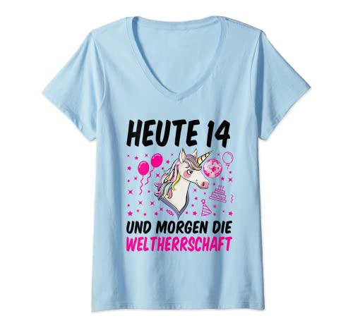 Damen Heute 14 morgen die Weltherrschaft 14. Geburtstag Einhorn T-Shirt mit V-Ausschnitt von 14 Geburtstag Mädchen Geschenk lustig 14. Ehrentag