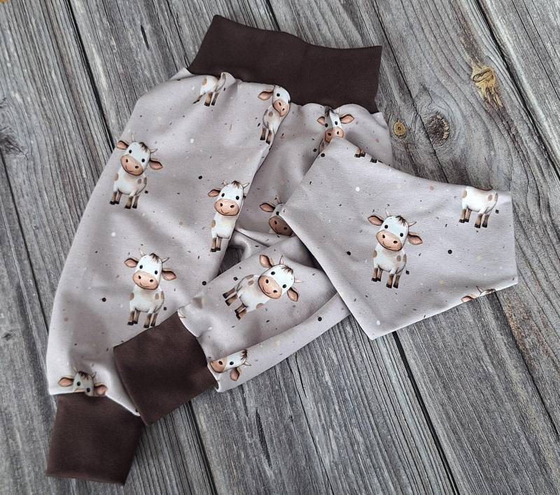 Pumphose Bio Jersey Kuh Baby Hose Schlupfhose Blumen Geschenk Geburt Kinderhose Taufe Kind Mädchen Jungen Kühe Bauernhof Braun Beige Grau von 17Maschen
