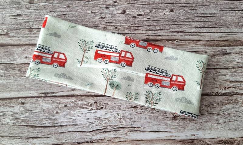 stirnband Feuerwehrauto Kinder Weicher Bio-Frenchterry Grau Beige - Feuerwehr Autos Haarband von 17Maschen