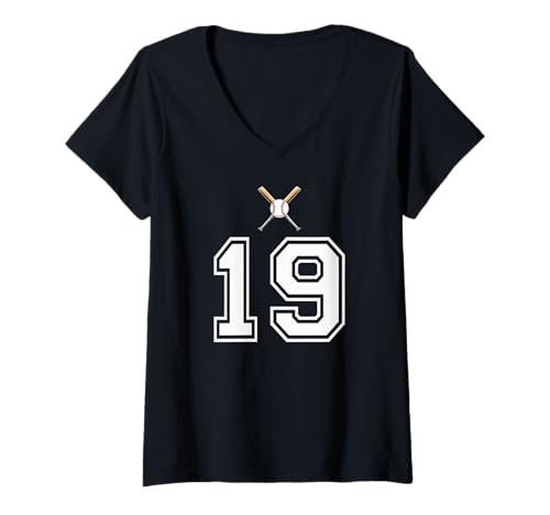 Damen 19 Nummer Baseball Style Vintage Weiß T-Shirt mit V-Ausschnitt von 19 Nummer Baseball Style Weiß