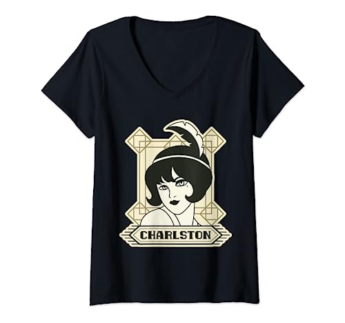 Damen Retro 20er Jahre Charleston Frau Art Deco Vintage T-Shirt mit V-Ausschnitt Damen Retro 20er Jahre Charleston Frau Art Deco Vintage T-Shirt mit V-Ausschnitt von 1920 Zwanziger Jahre Designs & Geschenke