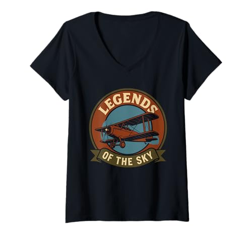 Damen Barnstormer Vintage Stunt Pilot Retro Doppeldecker Luftfahrt Geschenk T-Shirt mit V-Ausschnitt Damen Barnstormer Vintage Stunt Pilot Retro Doppeldecker Luftfahrt Geschenk T-Shirt mit V-Ausschnitt von 1920s Air Show Wing Walker Daredevil Flight Gift