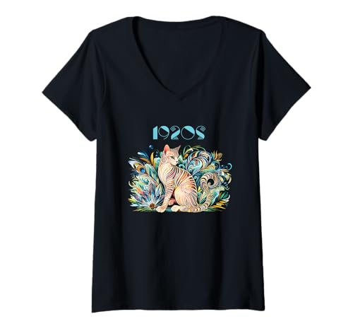 Damen Katzen-Designs im Vintage-Stil der 1920er Jahre T-Shirt mit V-Ausschnitt Damen Katzen-Designs im Vintage-Stil der 1920er Jahre T-Shirt mit V-Ausschnitt von 1920s Vintage Collection