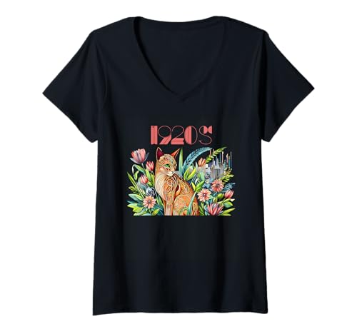 Damen Katzen-Designs im Vintage-Stil der 1920er Jahre T-Shirt mit V-Ausschnitt Damen Katzen-Designs im Vintage-Stil der 1920er Jahre T-Shirt mit V-Ausschnitt von 1920s Vintage Collection