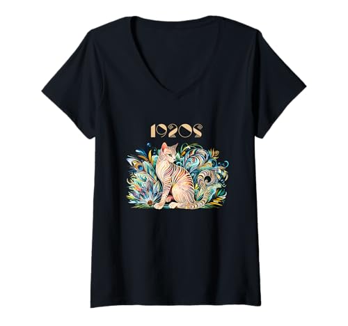 Damen Katzen-Designs im Vintage-Stil der 1920er Jahre T-Shirt mit V-Ausschnitt Damen Katzen-Designs im Vintage-Stil der 1920er Jahre T-Shirt mit V-Ausschnitt von 1920s Vintage Collection