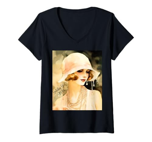 Damen Modetrend Gatsby Girls in den Goldenen Zwanzigern T-Shirt mit V-Ausschnitt von 1920s Vintage Collection