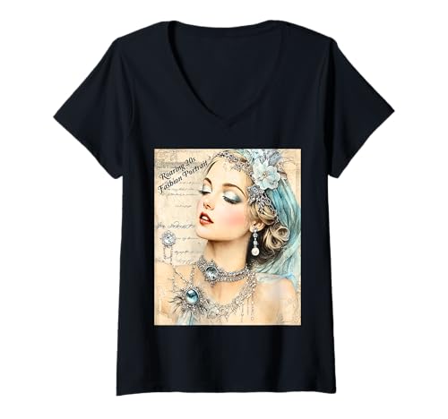 Damen Modetrend Gatsby Girls in den Goldenen Zwanzigern T-Shirt mit V-Ausschnitt von 1920s Vintage Collection