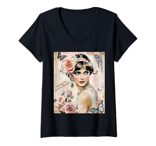 Damen Modetrend Gatsby Girls in den Goldenen Zwanzigern T-Shirt mit V-Ausschnitt von 1920s Vintage Collection
