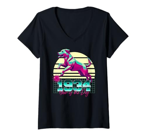Damen 1934 Jahr des Hundes Geburtstag 80er Jahre Retro Chinesisches Sternzeichen T-Shirt mit V-Ausschnitt Damen 1934 Jahr des Hundes Geburtstag 80er Jahre Retro Chinesisches Sternzeichen T-Shirt mit V-Ausschnitt von 1934 Dog Vaporwave 80s Retro Sunset Chinese Zodiac