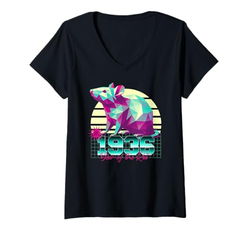 Damen 1936 Jahr der Ratte Geburtstag 80er Jahre Retro Chinesisches Sternzeichen T-Shirt mit V-Ausschnitt Damen 1936 Jahr der Ratte Geburtstag 80er Jahre Retro Chinesisches Sternzeichen T-Shirt mit V-Ausschnitt von 1936 Rat Vaporwave 80s Retro Sunset Chinese Zodiac