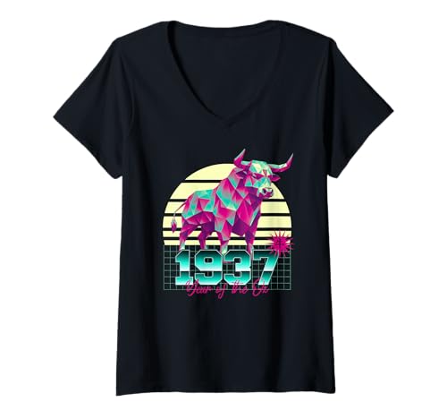 Damen 1937 Jahr des Ochsen Geburtstag 80er Retro Chinesisches Sternzeichen T-Shirt mit V-Ausschnitt Damen 1937 Jahr des Ochsen Geburtstag 80er Retro Chinesisches Sternzeichen T-Shirt mit V-Ausschnitt von 1937 Ox Vaporwave 80s Retro Sunset Chinese Zodiac