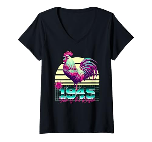 Damen 1945 Jahr des Hahns 80er Jahre Retro Vaporwave Chinesisches Sternzeichen T-Shirt mit V-Ausschnitt von 1945 Rooster Vaporwave 80s Retro Chinese Zodiac