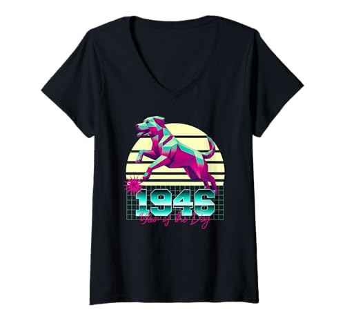 Damen 1946 Jahr des Hundes Geburtstag 80er Jahre Retro Chinesisches Sternzeichen T-Shirt mit V-Ausschnitt von 1946 Dog Vaporwave 80s Retro Sunset Chinese Zodiac