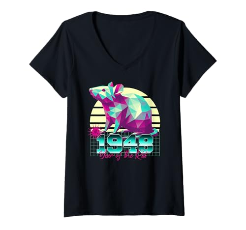 Damen 1948 Jahr der Ratte Geburtstag 80er Jahre Retro Chinesisches Sternzeichen T-Shirt mit V-Ausschnitt von 1948 Rat Vaporwave 80s Retro Sunset Chinese Zodiac