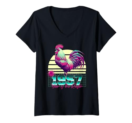 Damen 1957 Jahr des Hahns 80er Jahre Retro Vaporwave Chinesisches Sternzeichen T-Shirt mit V-Ausschnitt von 1957 Rooster Vaporwave 80s Retro Chinese Zodiac