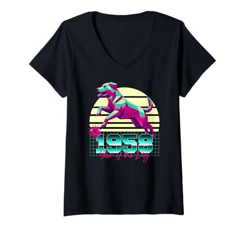 Damen 1958 Jahr des Hundes Geburtstag 80er Jahre Retro Chinesisches Sternzeichen T-Shirt mit V-Ausschnitt Damen 1958 Jahr des Hundes Geburtstag 80er Jahre Retro Chinesisches Sternzeichen T-Shirt mit V-Ausschnitt von 1958 Dog Vaporwave 80s Retro Sunset Chinese Zodiac