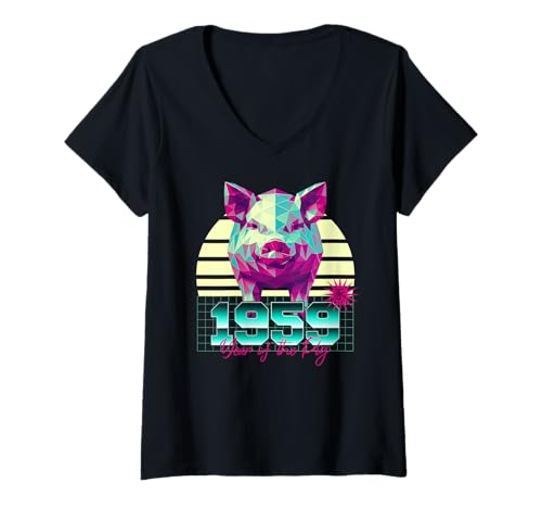 Damen 1959 Jahr des Schweins Geburtstag 80er Jahre Retro Chinesisches Sternzeichen T-Shirt mit V-Ausschnitt von 1959 Pig Vaporwave 80s Retro Sunset Chinese Zodiac
