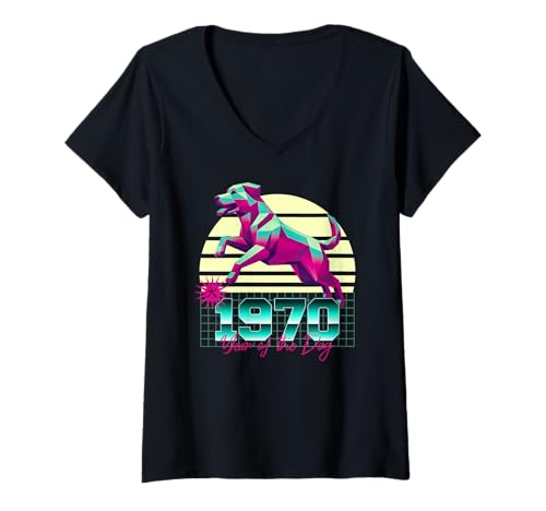 Damen 1970 Jahr des Hundes Geburtstag 80er Jahre Retro Chinesisches Sternzeichen T-Shirt mit V-Ausschnitt Damen 1970 Jahr des Hundes Geburtstag 80er Jahre Retro Chinesisches Sternzeichen T-Shirt mit V-Ausschnitt von 1970 Dog Vaporwave 80s Retro Sunset Chinese Zodiac