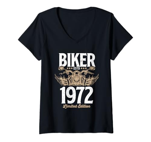 Damen Vintage Biker Shirt Herren Damen Motorradliebhaber geboren im Jahr 1972 T-Shirt mit V-Ausschnitt von 1972 Biker Birthday Party Tees