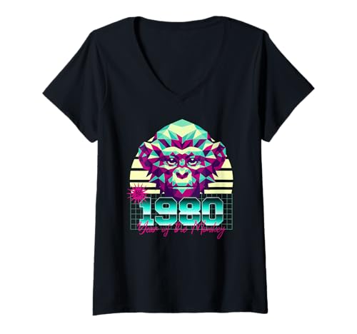 Damen 1980: Jahr des Affen, 80er, Retro-Vaporwave, chinesisches Tierkreiszeichen T-Shirt mit V-Ausschnitt Damen 1980: Jahr des Affen, 80er, Retro-Vaporwave, chinesisches Tierkreiszeichen T-Shirt mit V-Ausschnitt von 1980 Monkey Vaporwave 80s Retro Chinese Zodiac