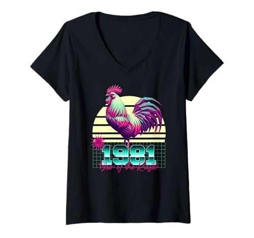 Damen 1981 Jahr des Hahns 80er Jahre Retro Vaporwave Chinesisches Sternzeichen T-Shirt mit V-Ausschnitt von 1981 Rooster Vaporwave 80s Retro Chinese Zodiac