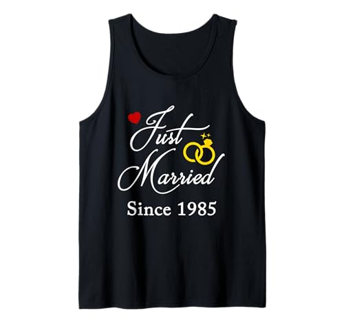 1985 Herren und Damen Paare Hochzeitstag Tank Top von 1985 Just Married With Couples Wedding Rings