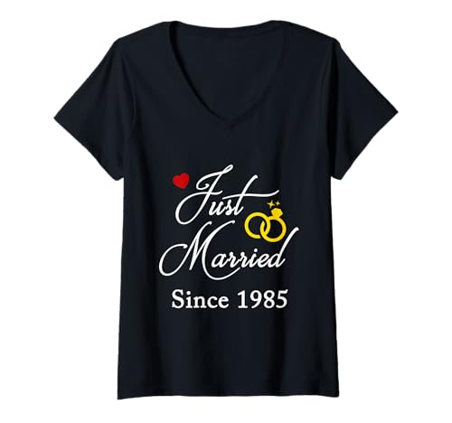 Damen 1985 Herren und Damen Paare Hochzeitstag T-Shirt mit V-Ausschnitt von 1985 Just Married With Couples Wedding Rings
