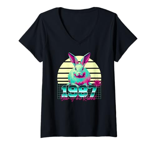 Damen 1987 Jahr des Kaninchens Geburtstag 80er Jahre Retro Chinesisches Sternzeichen T-Shirt mit V-Ausschnitt Damen 1987 Jahr des Kaninchens Geburtstag 80er Jahre Retro Chinesisches Sternzeichen T-Shirt mit V-Ausschnitt von 1987 Rabbit Vaporwave 80s Retro Chinese Zodiac