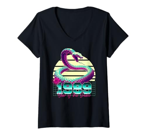Damen 1989 Jahr der Schlange 80er Jahre Retro Vaporwave Chinesisches Sternzeichen T-Shirt mit V-Ausschnitt Damen 1989 Jahr der Schlange 80er Jahre Retro Vaporwave Chinesisches Sternzeichen T-Shirt mit V-Ausschnitt von 1989 Snake Vaporwave 80s Retro Chinese Zodiac