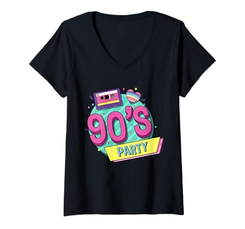 Damen 90er Jahre Party T-Shirt mit V-Ausschnitt Damen 90er Jahre Party T-Shirt mit V-Ausschnitt von 1990s 90s Retro Costume The Nineties Gifts Outfit