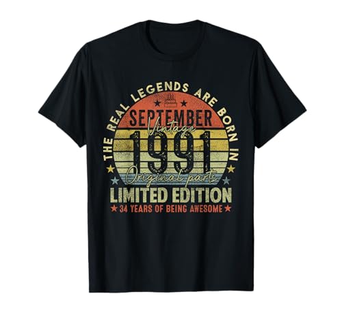 34th Birthday Real Legends September 1991 34 Years Old Men T-Shirt von 1991 34th Birthday Decorations 34 Years Old Mens
