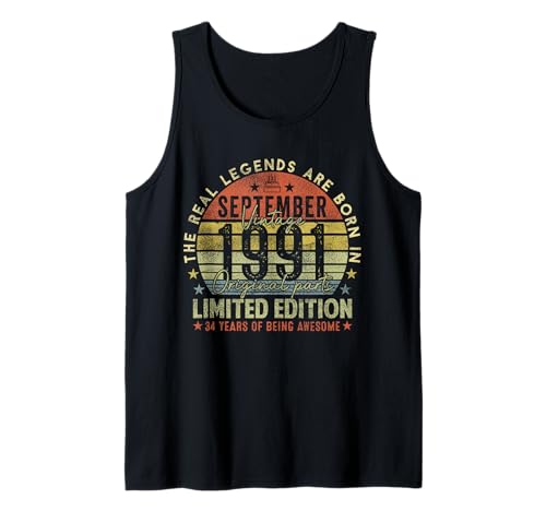 34th Birthday Real Legends September 1991 34 Years Old Men Tank Top von 1991 34th Birthday Decorations 34 Years Old Mens