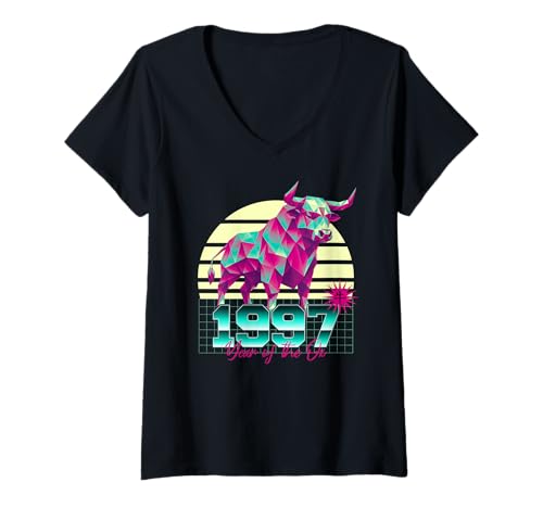 Damen 1997 Jahr des Ochsen Geburtstag 80er Retro Chinesisches Sternzeichen T-Shirt mit V-Ausschnitt Damen 1997 Jahr des Ochsen Geburtstag 80er Retro Chinesisches Sternzeichen T-Shirt mit V-Ausschnitt von 1997 Ox Vaporwave 80s Retro Sunset Chinese Zodiac