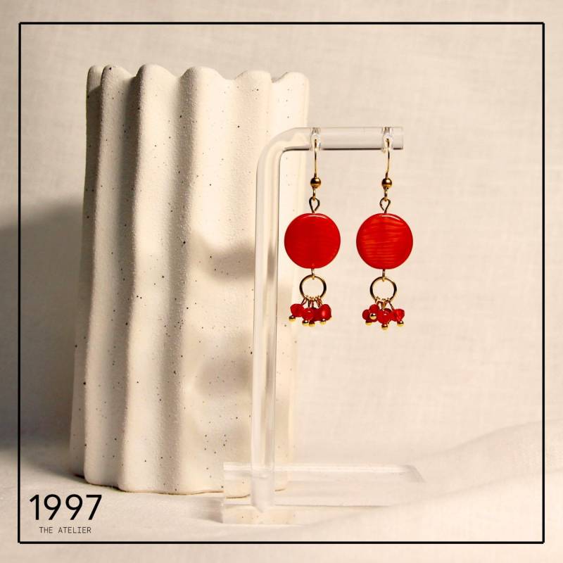 Rote Handgemachte Ohrringe - Roter Stein & Funkelnde Glasperlen Elegante Damen Schmuck Tropfen-Ohrringe von 1997TheAtelier