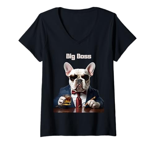 Damen Big Boss Frenchie Bulldog für alle. T-Shirt mit V-Ausschnitt von 19Davluk83