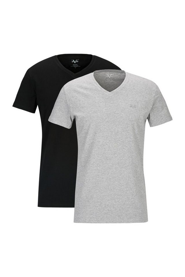 19V69 ITALIA T-Shirt Unterziehshirt Unterhemd mit Kurzarm V-Ausschnitt für Herren (2er-Pack) mit einem kleinem Ton-in-Ton Logo auf der Brust von 19V69 ITALIA