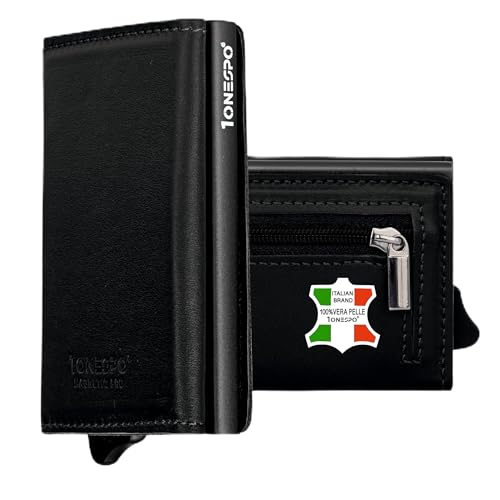 1ONESPO kartenetui damen, Nappa Schwarz Echtes Leder Vollnarbiges Kalbsleder, MAGNETIC PRO, Zeitgenössisch von 1ONESPO