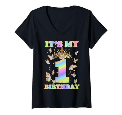 Damen Niedlicher Schmetterling It's My 1 Years Old B-Day Family zum 1. Geburtstag T-Shirt mit V-Ausschnitt Damen Niedlicher Schmetterling It's My 1 Years Old B-Day Family zum 1. Geburtstag T-Shirt mit V-Ausschnitt von 1st Birthday Cute Butterfly It's My 1 Years Old
