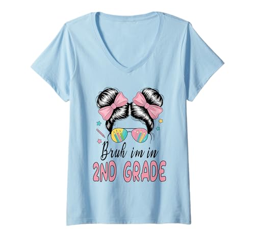 Damen Bruh, ich Bin in der 2. Klasse, Messy Bun, Erster Schultag, Mädchen T-Shirt mit V-Ausschnitt Damen Bruh, ich Bin in der 2. Klasse, Messy Bun, Erster Schultag, Mädchen T-Shirt mit V-Ausschnitt von 1st Day Of Second Grade Tee Shirts Outfits Girls