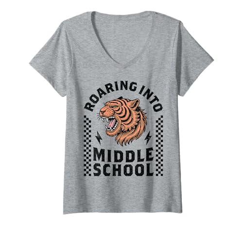 Damen Roaring Into Middle School Tiger 8. 7. 6. Klasse Junge Mädchen T-Shirt mit V-Ausschnitt Damen Roaring Into Middle School Tiger 8. 7. 6. Klasse Junge Mädchen T-Shirt mit V-Ausschnitt von 1st Day of Middle School Kids 5th Grade Graduation