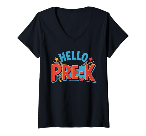 Damen Hello Pre-K Preschool Squad Spider Back to School First Day T-Shirt mit V-Ausschnitt Damen Hello Pre-K Preschool Squad Spider Back to School First Day T-Shirt mit V-Ausschnitt von 1st First Day Of Preschool Back To School Spider