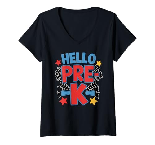 Damen Hello Pre-K Preschool Squad Spider Back to School First Day T-Shirt mit V-Ausschnitt Damen Hello Pre-K Preschool Squad Spider Back to School First Day T-Shirt mit V-Ausschnitt von 1st First Day Of Preschool Back To School Spider